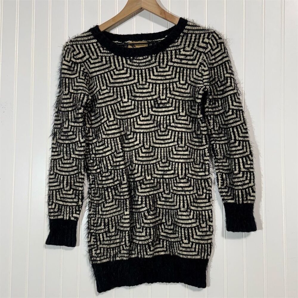 Katsumi Black White‎ Geometric Fuzzy Knit Sweater Dress Tunic Long Sleeve Small